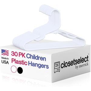 30 Pk Kids Children Hangers Plastic Made in USA, for Children, Infant, Toddler, Baby Clothes, White, 30 Pack Non-Slip