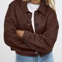 Women's Casual Faux Suede Cropped Jacket Button Down Coat Outwear with Pockets, L