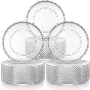 Hoolerry 50 Pcs Clear Charger Plates Bulk 13 Inch Plastic Round Dinner Plate with Beaded Rim Acrylic Round Plates Decorative Charger Service for Home Birthday Wedding Party Events Table Decor, about 13 inch