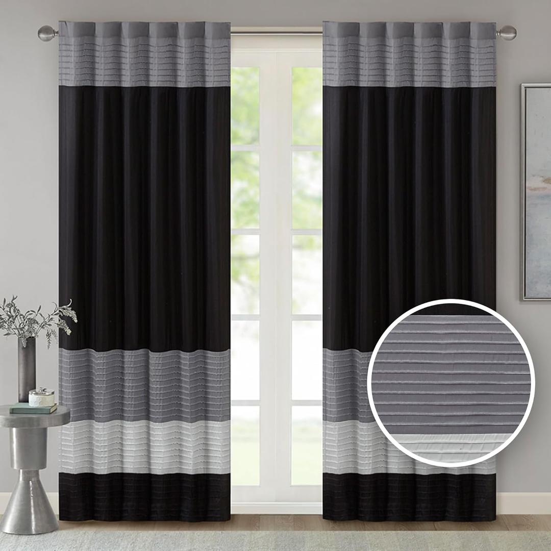 Madison Park Window Curtain Single Panel Faux Silk, Elegant Pleats, Rod Pocket Curtains for Living Room Privacy, Room Darkening Window Curtain for Bedroom and Dorm, Amherst, 84"L x 50"W, Black
