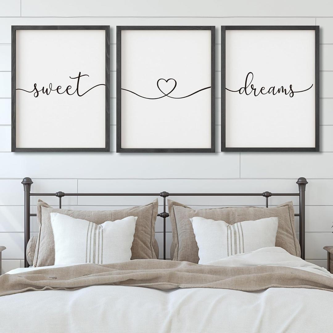 Set of 3 Framed Farmhouse Sweet Dreams Sign 11x14 Above Bed Wall Decor for Bedroom Decor Wall Art Wood Signs (11"x14", Black)