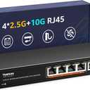 6 Port 10G Ethernet Switch Unmanaged, 4 x 2.5G Base-T Ports, 2 x 10Gb RJ45 Ports, Compatible with 100/1000/2500Mbps, Metal Fanless, VLAN, YuanLey 2.5Gbe Network Switch for 2.5G/10G NAS, Wireless AP