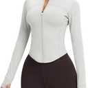 AVGO Women's Cropped Running Workout Jackets Zip Slim Fit Athletic Tops with Thumb Holes (Large, Glacier Gray)