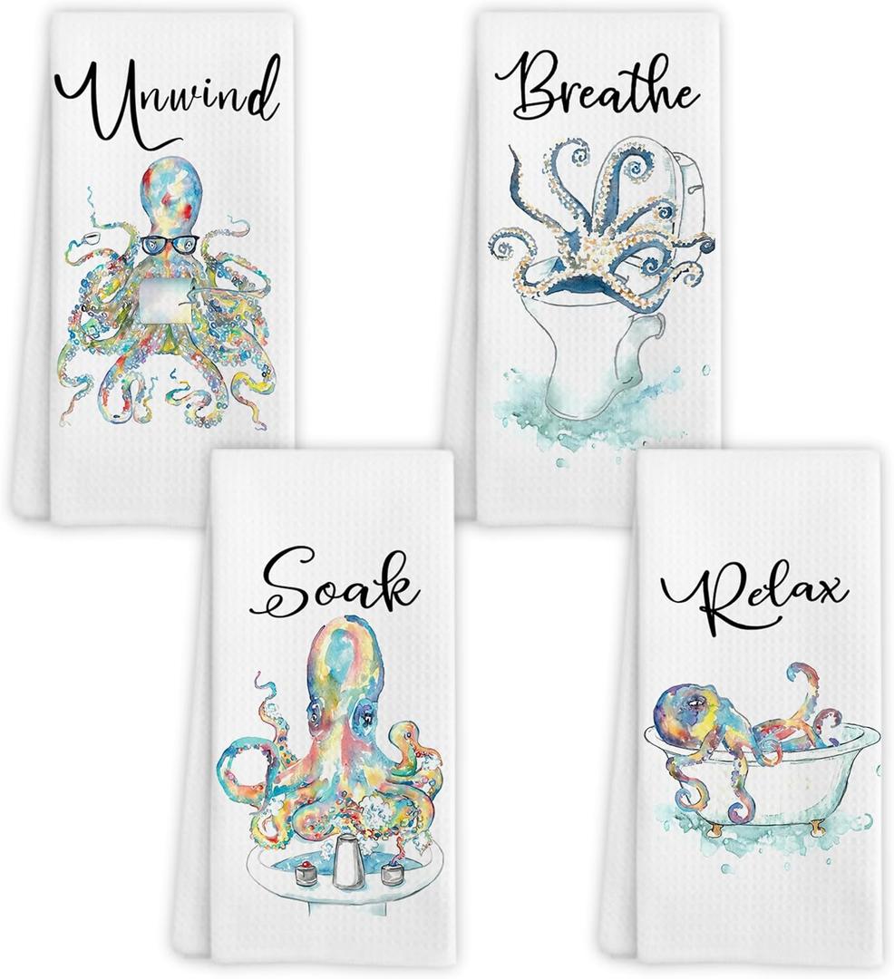 Coastal Beach Octopus Hand Towels for Bathroom Set of 4, Ocean Marine Octopus Relax Breathe Soak Unwind Decorative Hand Towels for Gym Yoga Spa Bathroom Kitchen Decor, 16x24 Inch