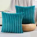 FUTEI Teal Green Striped Decorative Throw Pillow Covers 22x22 Inch Set of 2,Square Spring Decorations Couch Pillow Case,Soft Cozy Faux Rabbit Fur & Velvet Back,Modern Home Decor for Bed