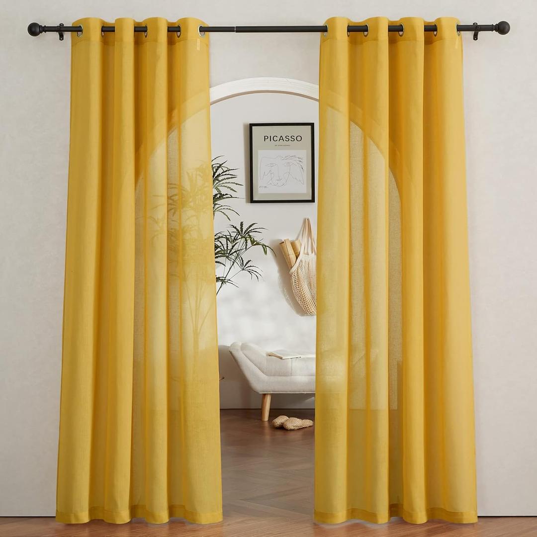 NICETOWN Semi Sheer Curtains Flax Linen Texture, Grommet Retro Window Treatment Linen Weave Vertical Drapes Privacy with Light Filter for Living Room, Citrine, 2 Panels, W52" x L84"