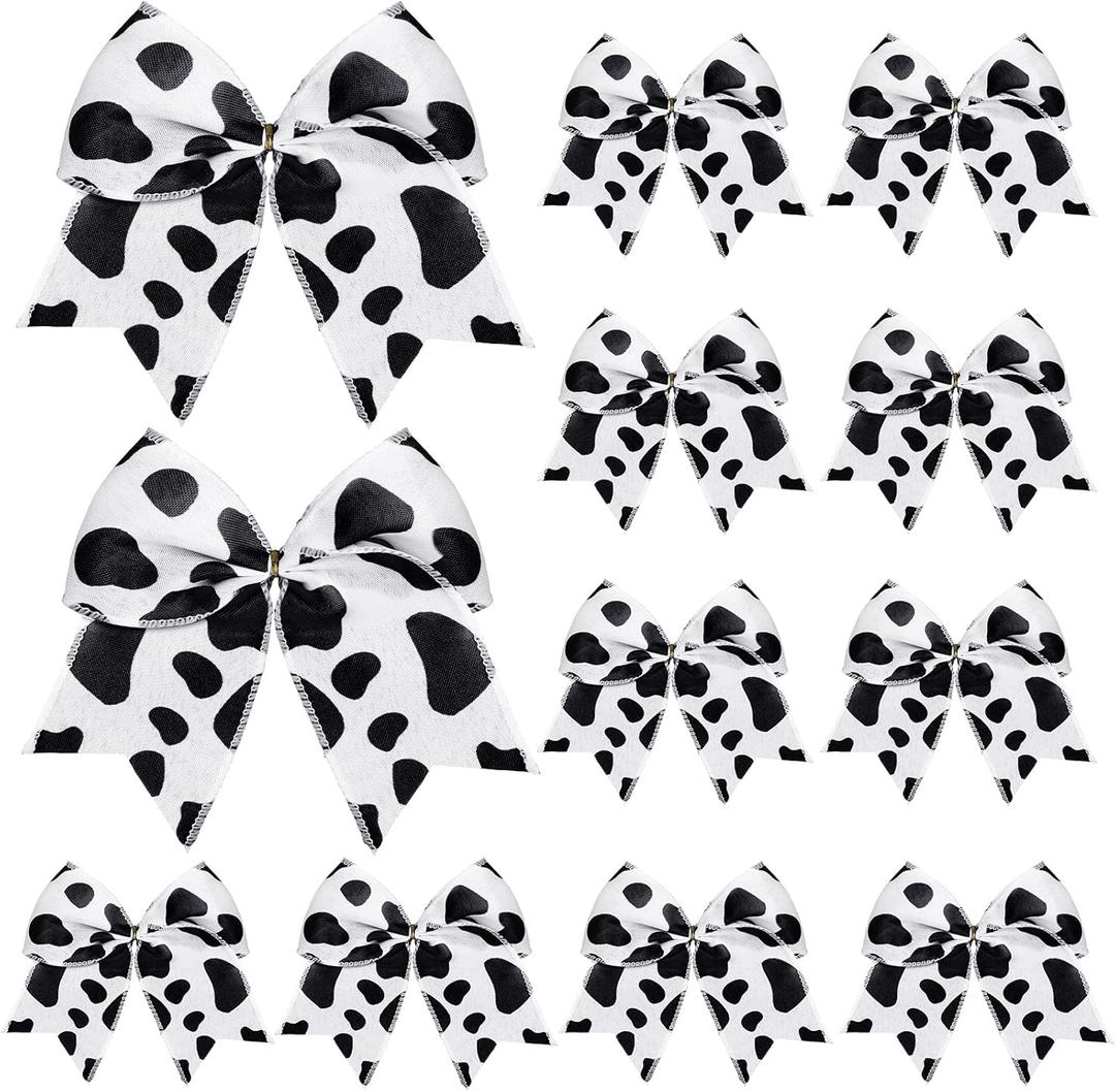 12 Pcs Cowhide Printed Christmas Tree Bow Western Cow Ornament 5.9' Rustic Wreath Bow with Cable Tie Hanging Country Xmas Tree Decor for Home Wedding Holiday Party Gift(Black & White)