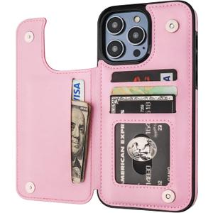 ONETOP Compatible with iPhone 14 Pro Max Wallet Case with Card Holder, PU Leather Kickstand Card Slots Case, Double Magnetic Clasp and Durable Shockproof Cover 6.7 Inch (Pink)