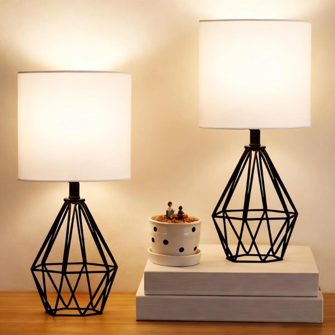 Small Table Lamp Set of 2 Black, Bedside Lamps with White Fabric Shade, Cute Desk Lamp with Metal Cage & Linen Lampshade, Modern Nightstand Lamp for Bedroom, Living Room, Kids Room, Office