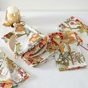 TARAN LIVING Cotton Cloth Napkins Natural Reusable Fall Dinner Napkins Reusable Machine Washable Fabric for Events, Gift, Home Decor - Kaveri, 20x20 Inches , Pack of 4 