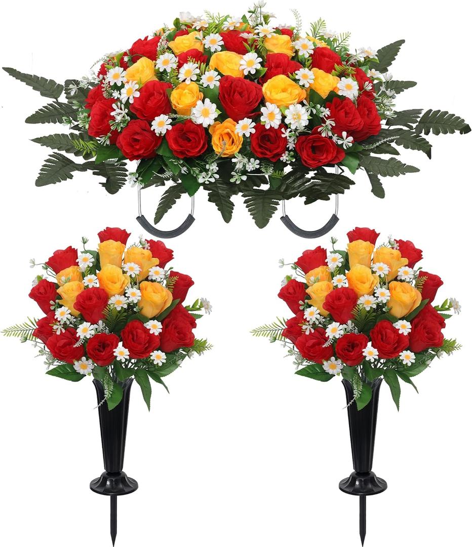 Wocst Headstone Flower Saddle,Large Artificial Cemetery Flowers for Grave 2Pack Artificial Silk Roses Daisy Bouquets with Cemetery Vases for Outdoor Grave Decorations (Red Yellow)