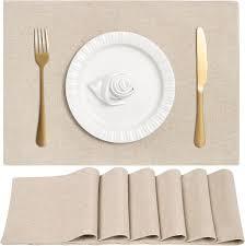 Linen Cloth Double Layers Placemats, Cotton Woven Placemats Set of 6, Kitchen Table Farmhouse Decor Heat Resistant Table Mats, Outdoor Indoor Square Fabric Place Mats Can be Washable