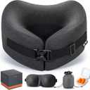 MLVOC Travel Pillow Memory Foam Neck Pillow, Adjustable Comfort Breathable Cover, Airplane Travel Set with 3D Sleep mask, Earplugs Box, for Airplane, Car, Office, Home (Full Black)