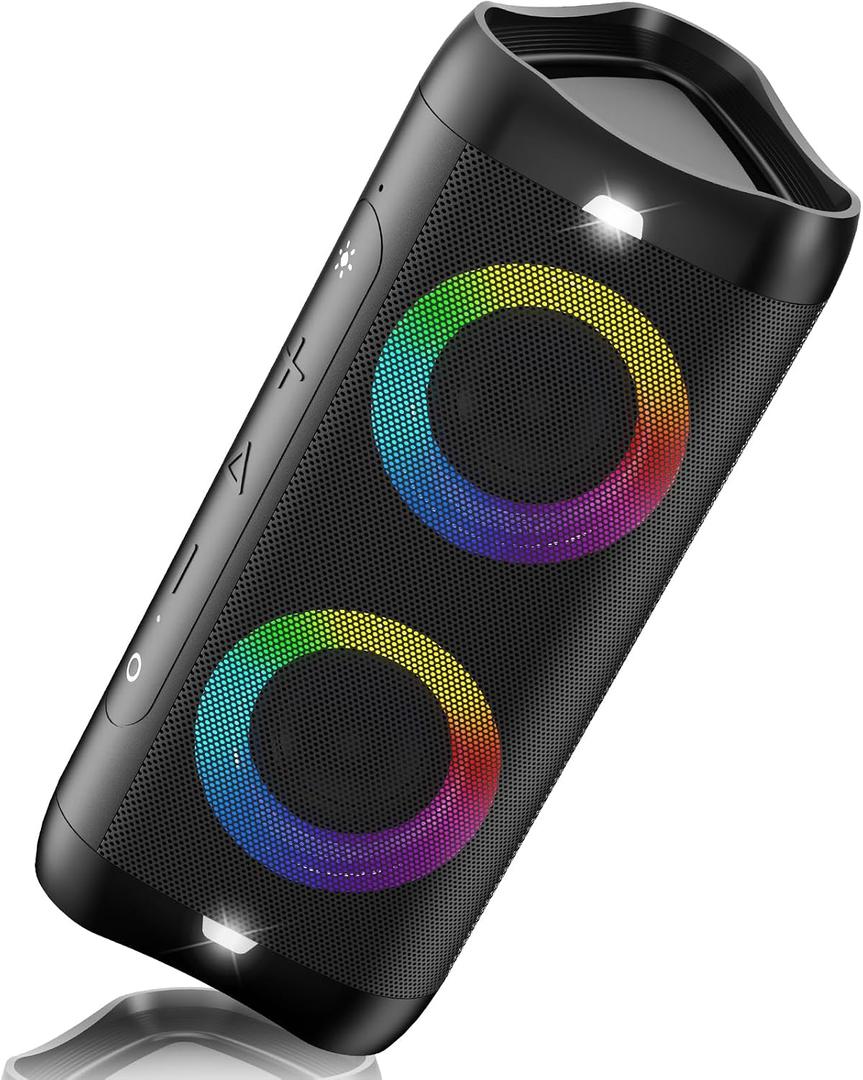 DONOW Portable Bluetooth Speaker with Lights, 30W Stereo Sound, Bass Boost, IPX5 Waterproof, 20H Playtime, Built-in Mic, Speakers Bluetooth Wireless for Home, Party, Outdoor, Travel(Black)