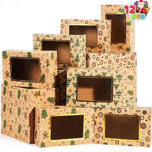 JOYIN 24 PCS Foiled Christmas Cookie Boxes for Gift Giving, 8.75" x 5.75" x 2.75 Bakery Boxes with Window, 3 Design Brown Kraft Cardboard Treat Box for Xmas Holiday Pastries Cupcakes Doughnut Wrap