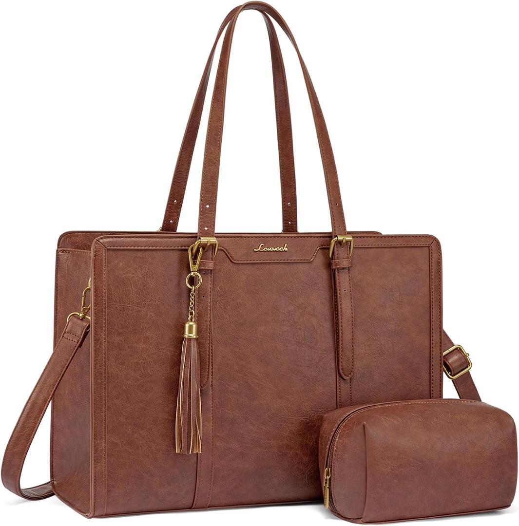 LOVEVOOK Laptop Tote Bag for Women,15.6 Inch Vintage Work Bag with Clutch,Large Leather Laptop Purse with Cup Holder for Teacher,Office (Brown)