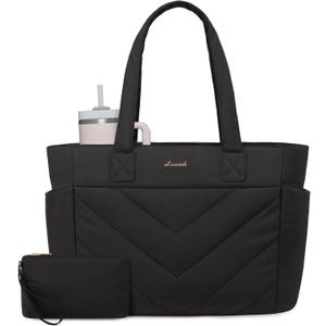 LOVEVOOK Tote Bag for Women, Puffer Work Travel Handbag with Zipper for Teacher Nurse, Quilted Cute Laptop Shoulder Gym Bag (Medium, Black)