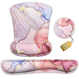 Wrist Rest Support Ergonomic Gel Mouse Pad & Memory Foam Keyboard Set Non-Slip Rubber PU Base Easy Typing and Relieve Wrist Pain Mouse Mat for Computer Office - Pink Marble