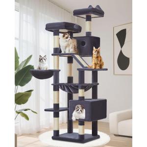 Taoqimiao Cat Tree 71-Inch, Cat Tower for Indoor Cats Large Adult, Multi-Level Large Cat Condo, 8 Sisal Scratching Posts, Metal Frame Cozy Hammock, Scratch Board, 2 Top Perches, Smoky Gray MS026LG