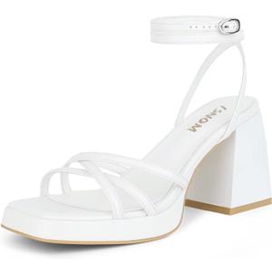 ISNOM Platform Heels for Women Comfortable Strappy Heels Short Block Chunky Sandals Ankle Strap Simple Summer Heeled Sandals Square Open Toe for Wedding Work Party Dressy Prom (8, Matte white)