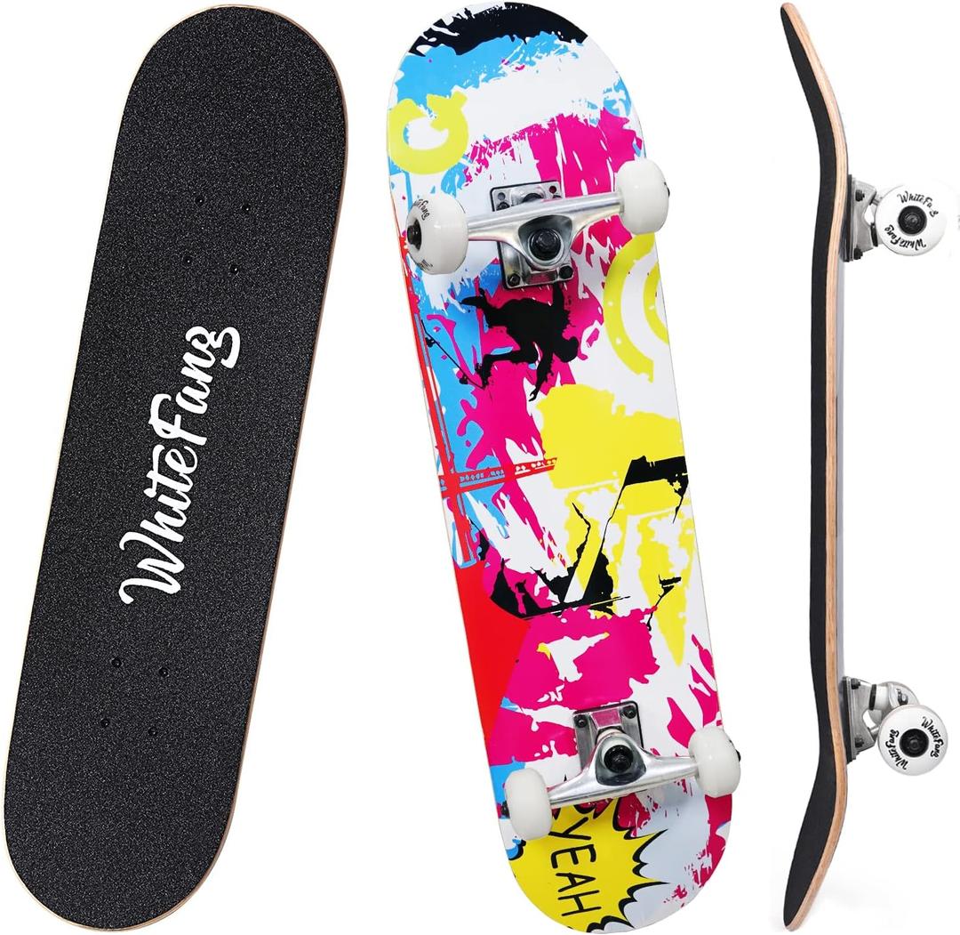 WhiteFang Skateboards for Beginners, Complete Skateboard 31 x 7.88, 7 Layer Canadian Maple Double Kick Concave Standard and Tricks Skateboards for Kids and Beginners, Pink Fantasy