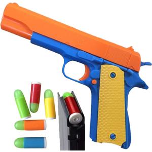 Toy Gun with 20 Soft Bullets and 2 Ejecting Magazines. Actual Size of Colt 1911 with Slide Action Orange Barrel for Training or Play