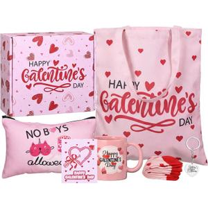 Qinyoung 7 Pcs Galentine's Day Gifts Set for Women Include Mug Cup Tote Bag Makeup Bag Socks Keychain Greeting Card with Box Gift Ideas Ladies Celebrating Ladies BFF Bestie Galentine Party Favors