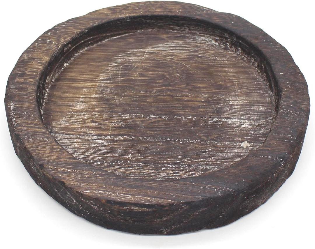 CVHOMEDECO. Primitives Solid Wood Decorative Plate Vintage Round Hand Carved Wooden Candle Plate Rustic Treenware Home and Office Decor Art, Dia, 8 Inch