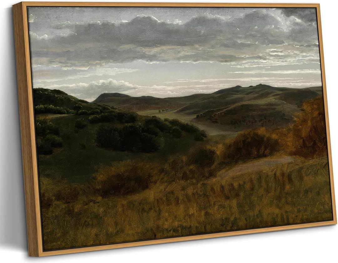 VXGMYPGZ Framed Moody Landscape Canvas Wall Art, Vintage Countryside Mountain Nature Print, Rustic Earth Tone Pictures Wall Decor for Living Room Bedroom Office 16x24in