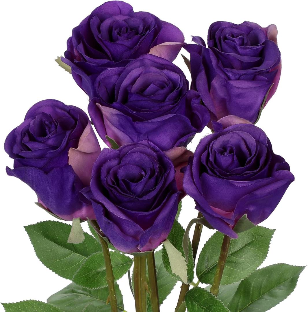 Briful Purple Artificial Roses 6PCS 18.9" Silk Rose Flowers with Long Stems Realistic Faux Rose Bouquet for DIY Wedding Arrangements Table Vase Centerpieces Home Event Decor
