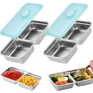 Stainless Steel Snack Containers, 2 PCS Grab and Go Double Compartment Reusable Snack Containers with Lids, Food Lunch Meal Container, Food Snack Boxs for Travel, Office, Picnic