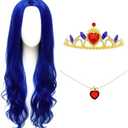 Swooflia Blue Wavy Wig for Women & Cosplay Accessories - Convenient Set Includes Adjustable Wig Cap, Necklace, Crown, Cosplay Wig for Halloween, Costume, Party and Daily Use (Wig-25)