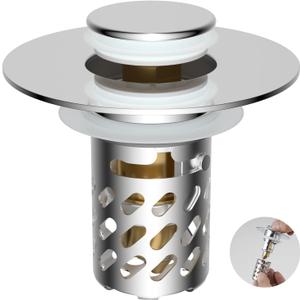 iFealClear Universal Metal Bathroom Sink Stopper, Pop Up Sink Drain Strainer with Removable Stainless Steel Hair Catcher Filter Basket, Drain Stopper for 1.1"-2.36" Basin, Brass Bounce Core,Chrome