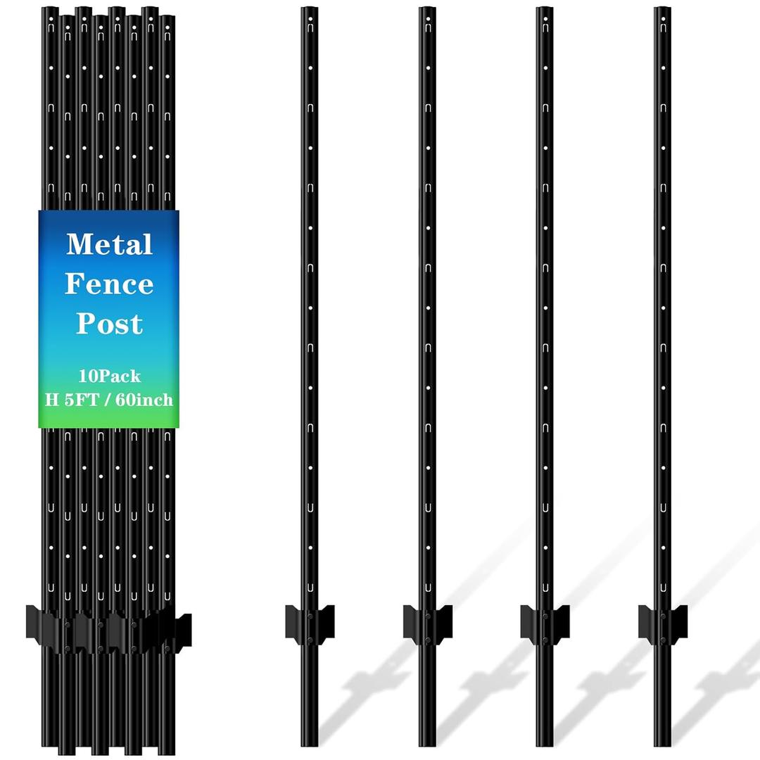 10 Pack Metal Fence Post, 5FT Heavy Duty U-Post for Wire Fence, No Dig T Posts Garden Fencing Stakes for Temporary Fencing, Electric Fence Wire, Corner Anchor