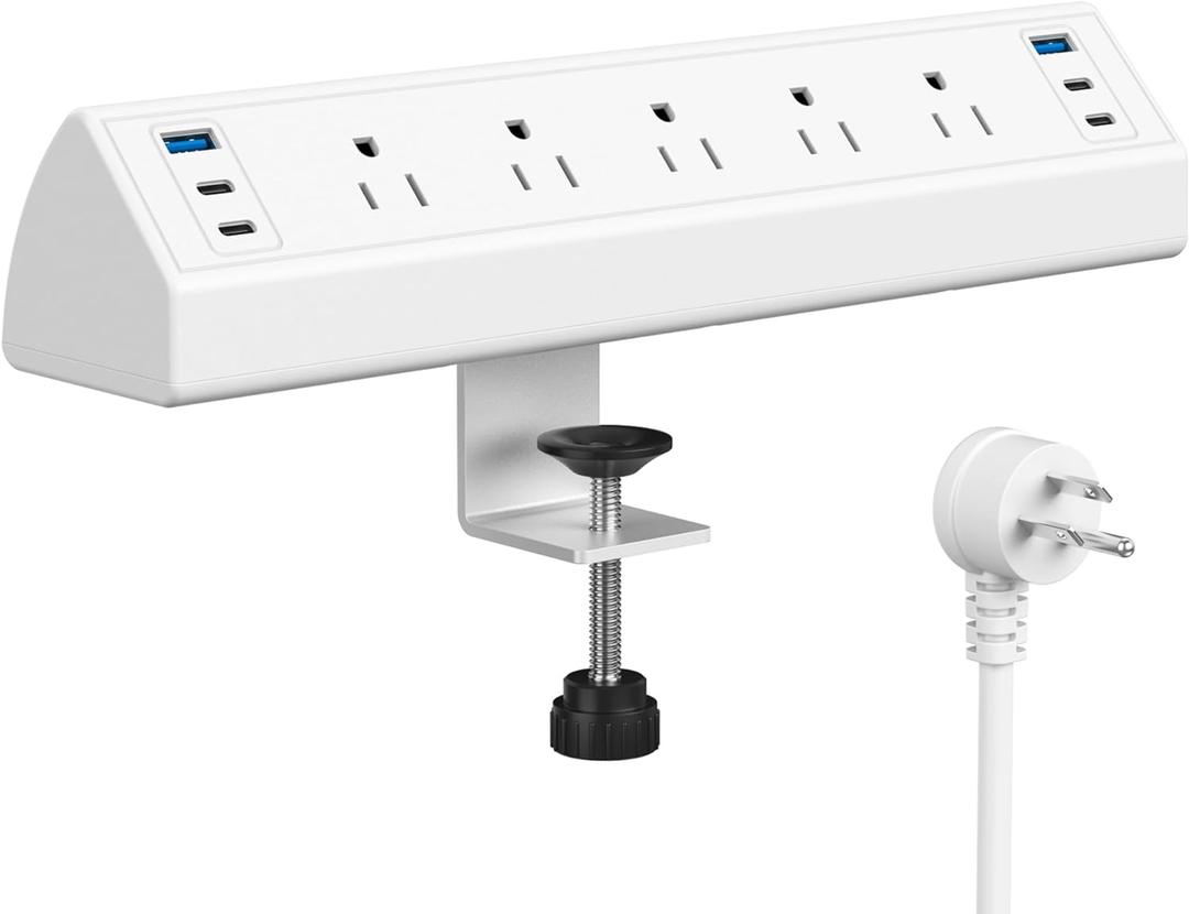 Desk Clamp Power Strip USB C,ETL Listed,40W Total Fast Charging Station,4 PD 20W USB C Ports, Nightstand Edge Mount Power Strip with 5 AC Outlets Surge Protector,6ft Cord,Fit 1.96" Tabletop Edge (White)