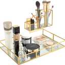 Gold Metal Frame and Glass Vanity Tray Set, Large Decorative Platform for Perfumes, Makeup Brushes, Jewelry Display, Office Stationery Holder, Sophisticated Design, 12.2x8.5x2.2 in