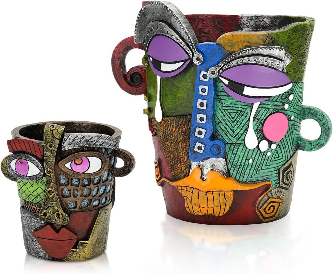 Abstract Face Planters Pots - Whimsical Hand-Painted Ceramic Face Pot for Succulents, Unique Planters for Indoor Garden Decor, Artistic Home & Office Desk Decoration（1small& 1 big）