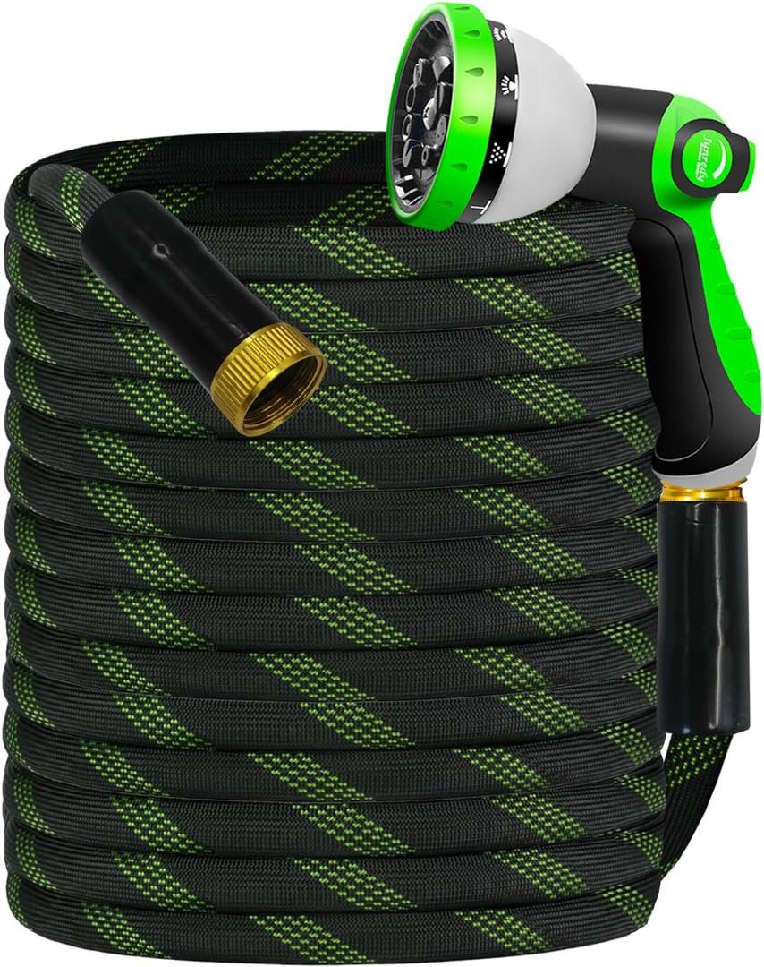 Garden Hose 25 FT, NON-EXPANDABLE Heavy-Duty Flexible & Lightweight Water Hose with 10-Function Nozzle, No-Kink Design, Leak-Proof Super Fabric, Solid Fittings for Lawn, Car, RV (Black)