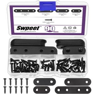 Swpeet 26Pcs 4 Sizes 77mm/57mm/47mm/37mm Stainless Steel Black Straight Corner Braces Sturdy Metal Brackets Mending Repair Plate Kit with 64Pcs Screws for Wooden Frame Bed Furniture Bookshelf