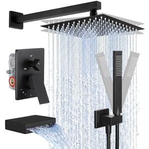 KES Shower System with Tub Spout, Matte Black Shower Faucet Set Complete 10 Inch Rain Shower Head with Handheld Spray and Waterfall Bathtub, cUPC Pressure Balance Shower Valve Trim Kit, XB6305F18-BK