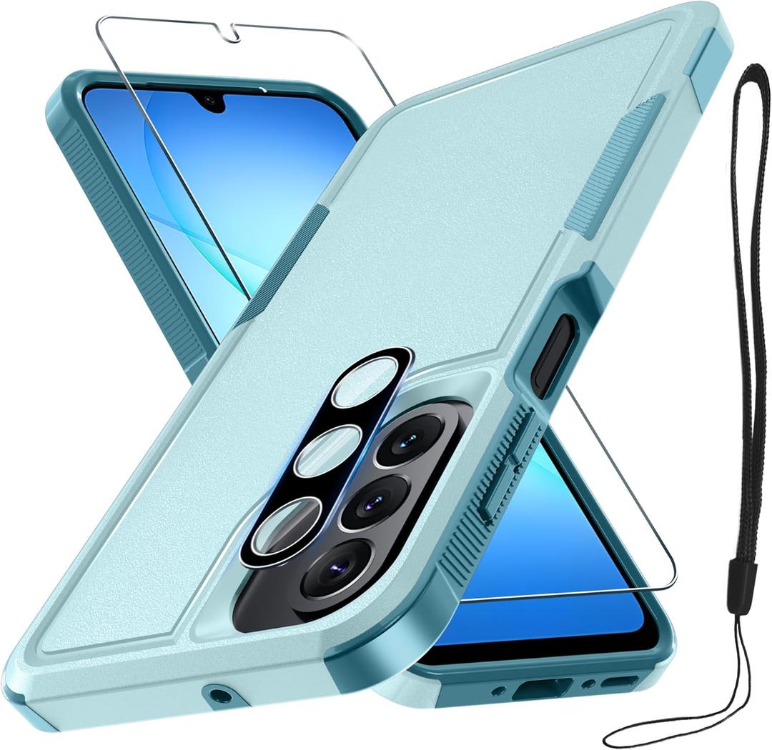 RMOCR Case for Samsung Galaxy A17 5G Phone Cover with Screen Protector+Camera Lens Cover,Military Grade Heavy Duty Shockproof PhoneCase with Wrist Lanyard Strap for Sam A17,Mint Green