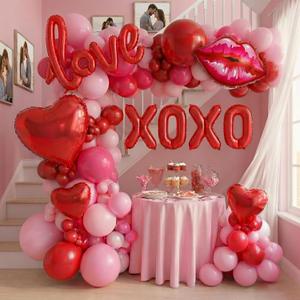 Red Pink balloon garland arch kit 125pcs with Bow and arrow XXOO lip heart shaped balloons for Girls Galentines Valentine's Day Wedding Bachelorette Engagement Anniversary Party decorations (Red Pink)