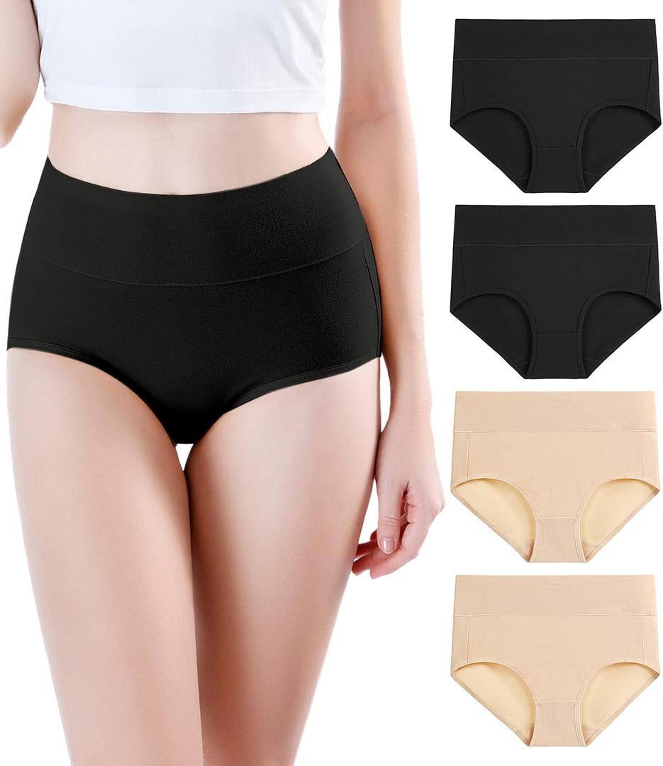 Women's Modal Underwear Soft High Waist Briefs Ladies Panties 4 Pack Black Beige X-Large