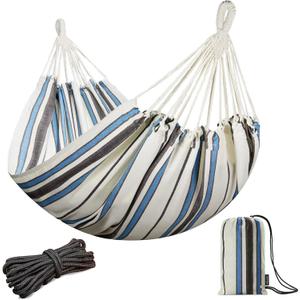 JoyView Brazilian Double Hammock with Hanging Ropes Extra Large 86.6x59 Portable Cotton Hammock for Patio Backyard Porch 450LBS Weight Capacity Perfect for Outdoor/Indoor - Blue & White Stripes