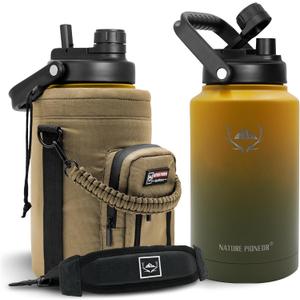 NATURE PIONEOR 1 Gallon Insulated Water Bottle - Double Vacuum Stainless Steel 128 oz Water Bottle with Holder, Wide Mouth & 2-in-1 Lid (Flip Straw & Spout), 1 Gallon Water Jug, Hiking, Camping, Gym