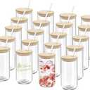 20 Pack Drinking Glass Cups with Bamboo Lids and Glass Straws 16oz Iced Coffee Cups Clear Glass Tumblers Can Shaped Drinking Beer Glasses Cute Cups for Tea, Smoothie, Whiskey, Soda, Gift