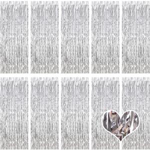 10 Pack Silver Backdrop Curtain 3.2ft x 8.2ft Metallic Tinsel Foil Fringe Curtains Photo Booth Background for Birthday Party Decoration Baby Shower Engagement Wedding Christmas Decoration (Silver)