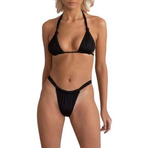 Women Swimsuits Halter Triangle String Bikini Sexy Ruched Brazilian Cheeky Thong Bathing Suit (Large, Black)