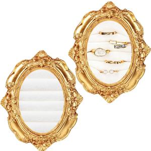 2 Pcs Vintage Ring Holder Gold Oval Jewelry Display Stand Velvet Jewelry Box Stand Frame Necklace Organizer Earring Tray for Birthday Anniversary Engagement Wedding Decoration