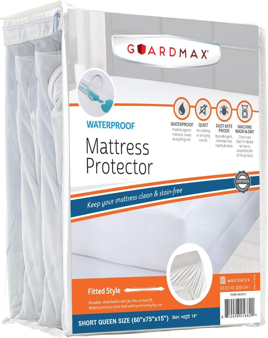 Guardmax Jersey Knitted Short Queen Size Mattress Protector - Waterproof & Dust Mite Proof Mattress Cover with Stretchable Pockets - Soft, Comfortable, & Noiseless Waterproof Fitted Sheet.(60x75x15) (White)